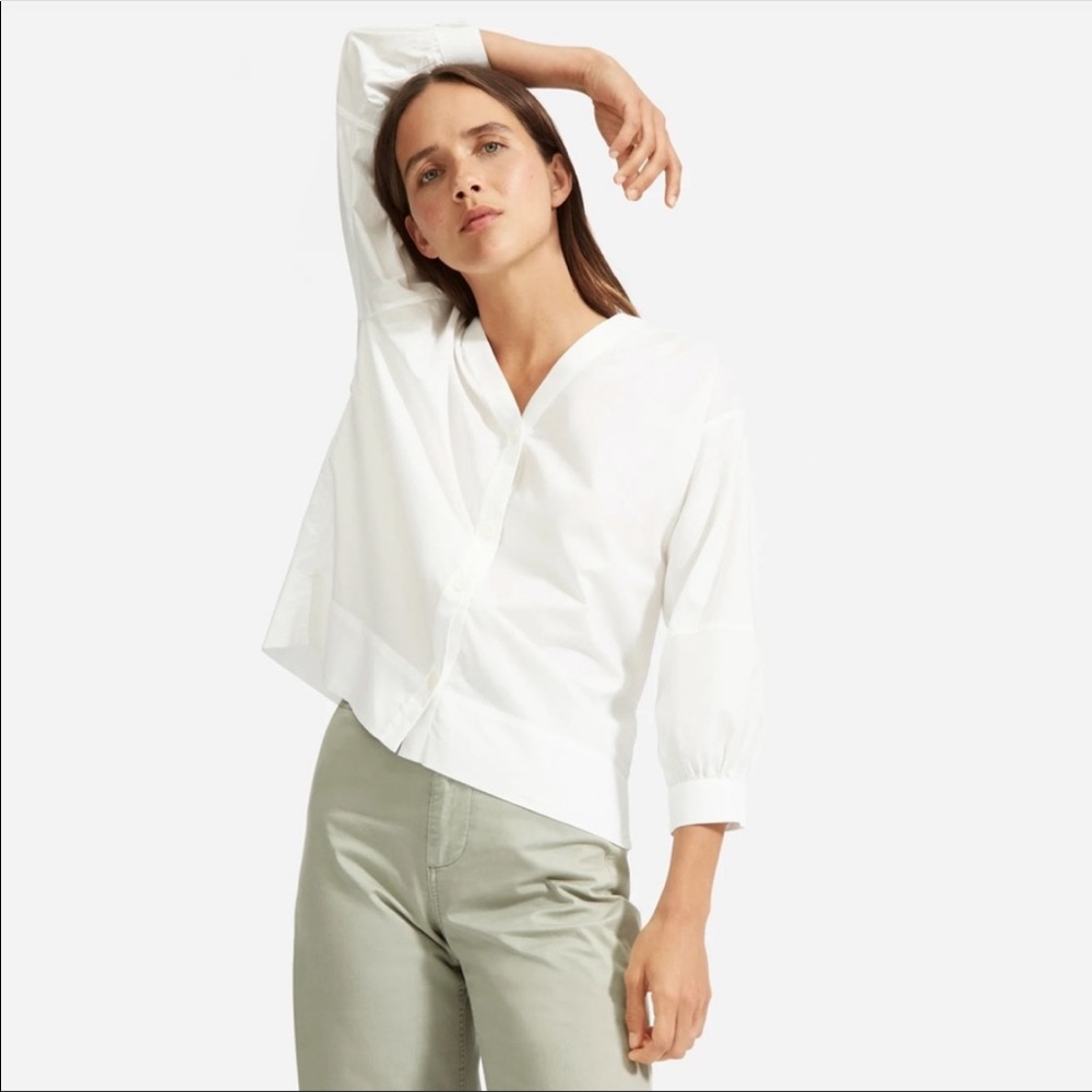 Everlane The Silky Cotton Lantern Button Down 3/4 Sleeve White Top